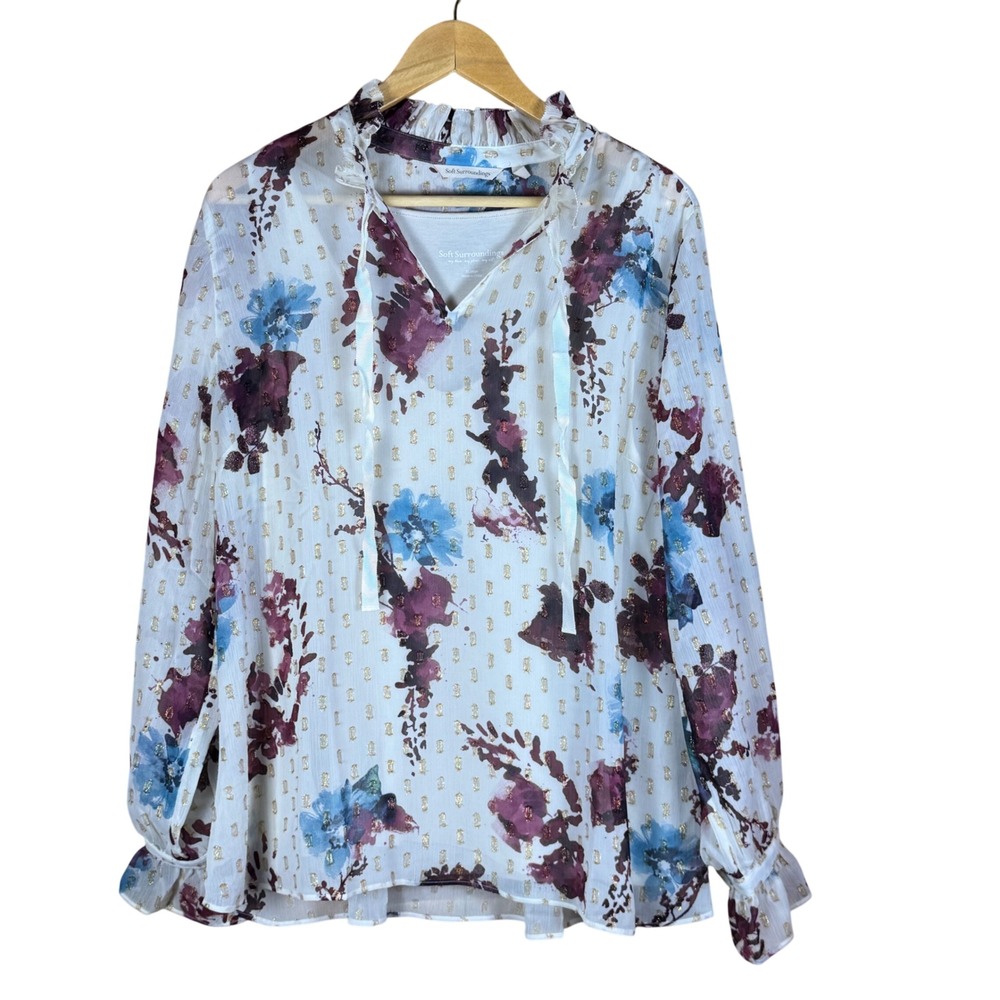 Soft‎ Surroundings Floral Chiffon Blouse Lined XL Romantic Boho Cottagecore
